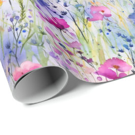 Papel De Regalo Flores silvestres de acuarela brillante azul rosa 