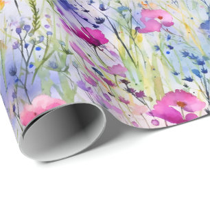 Papel De Regalo Flores silvestres de acuarela brillante azul rosa 