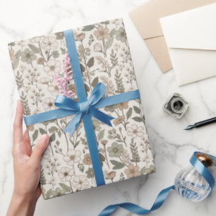 Papel De Regalo Flores Silvestres Etéreas en Crema y Salvia