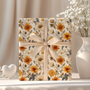 Papel De Regalo Flores silvestres secas vintage crema naranja marr
