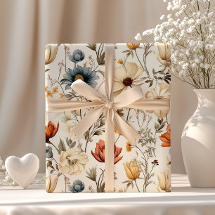 Papel De Regalo Flores silvestres secas vintage terracota naval