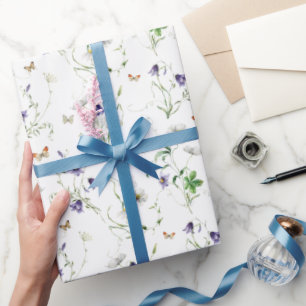 Papel De Regalo Flores silvestres y mariposas en blanco