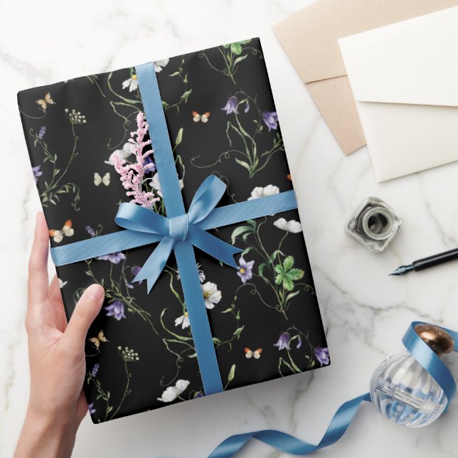 Papel De Regalo Flores silvestres y mariposas en negro (Regalar)