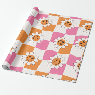 Papel De Regalo Flores sonrientes retro en tableros de ajedrez def
