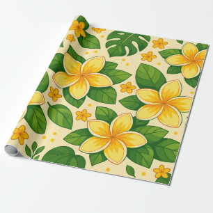 Papel De Regalo Flores Tropicales Amarillas con Hojas Verdes Lujur