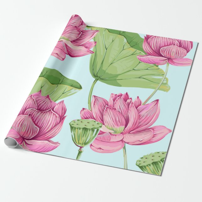 Papel De Regalo Flores tropicales, hojas, loto rosado, lirio acuát (Desenrollado)