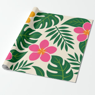 Papel De Regalo Flores Tropicales Naranjas y Rosas con Hojas Verde