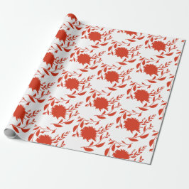 Papel De Regalo Flores tropicales rojas y hojas en blanco