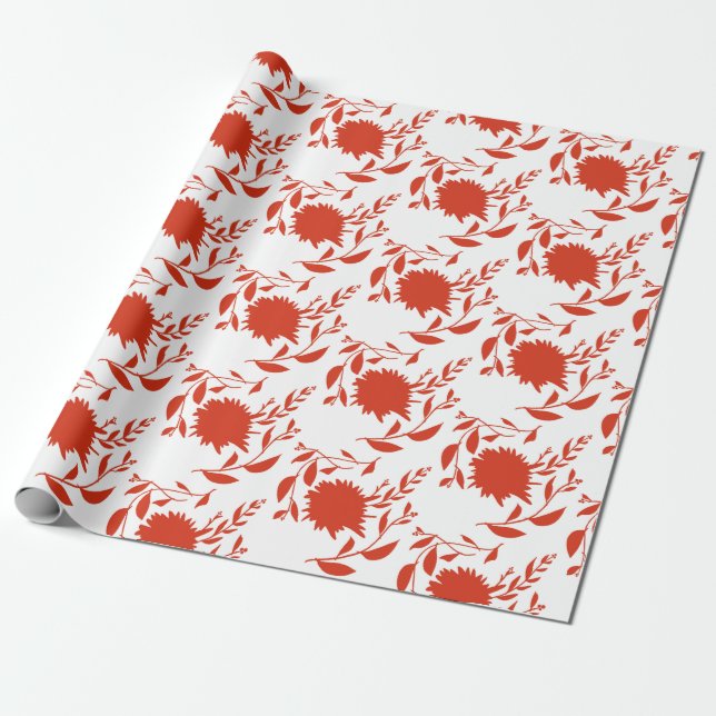 Papel De Regalo Flores tropicales rojas y hojas en blanco (Desenrollado)