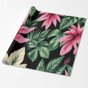 Papel De Regalo Flores Tropicales Rosadas y Patrón de Hojas de Pal
