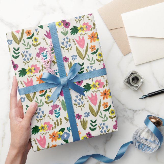 Papel De Regalo Flores tulipales de primavera estampado floral gri (Regalar)