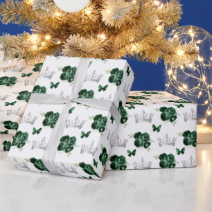 Papel De Regalo Flores Verde Oscuro y Coronas de Plata
