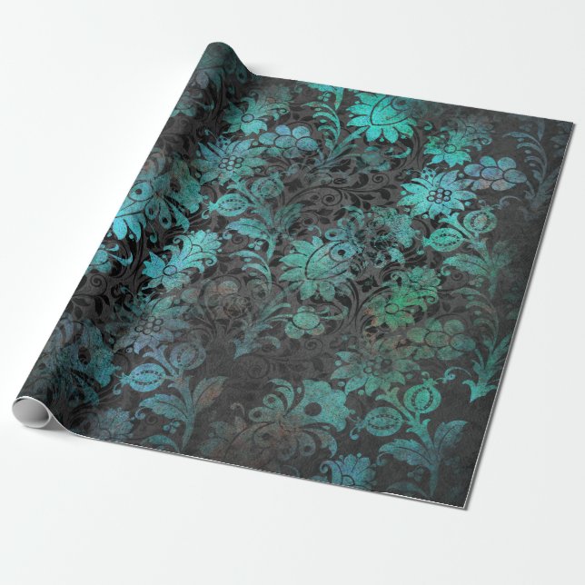 Papel De Regalo Flores verdes de esténcil sobre carbón vegetal (Desenrollado)