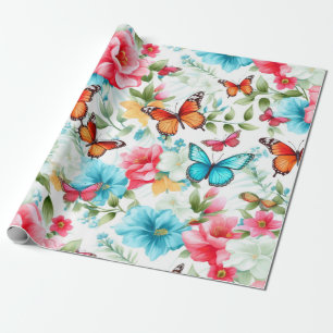 Papel De Regalo Flores vibrantes y mariposas