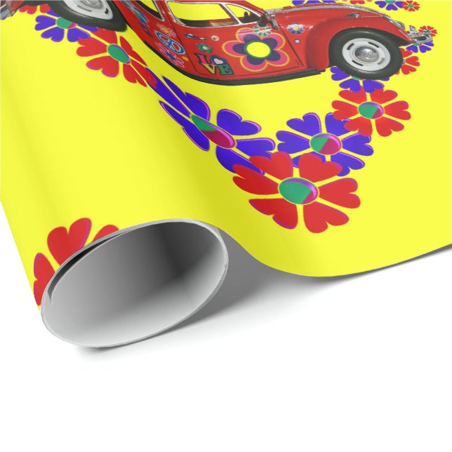 Papel De Regalo Flores y coche temáticos de los años 60 (Esquina del rollo)