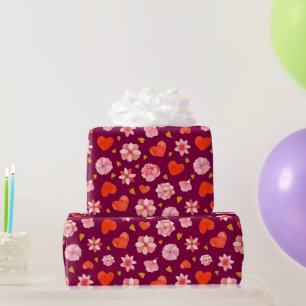 Papel De Regalo Flores y corazones rosados y rojos