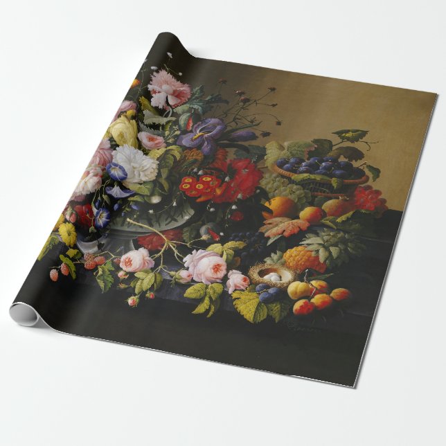 Papel De Regalo Flores y frutas antiguas de vida (Desenrollado)