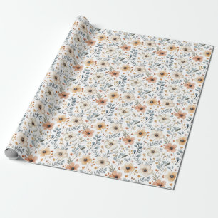 Papel De Regalo Flores y Hojas de Otoño sobre Blanco