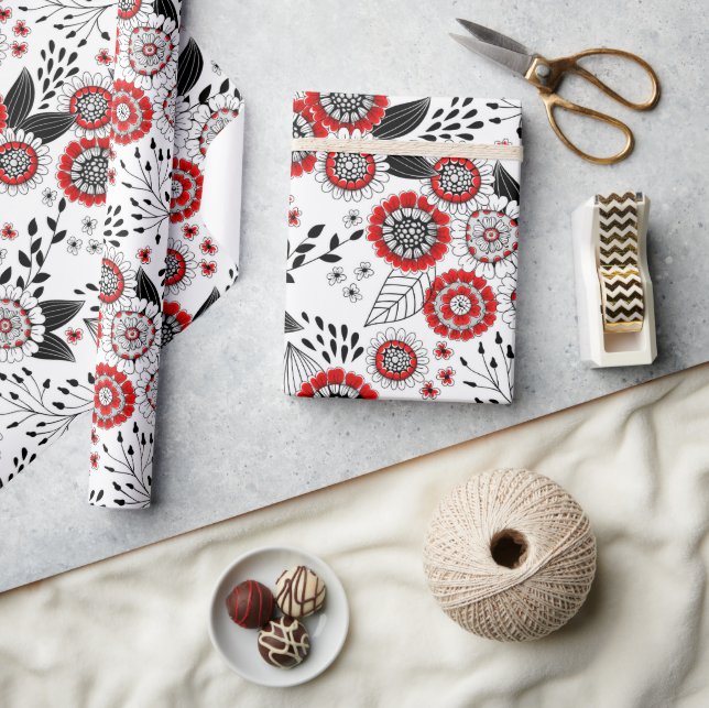 Papel De Regalo Flores y hojas de perro en rojo y negro (Artesanía)