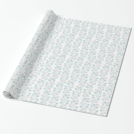 Papel De Regalo FloRES y Hojas de Rosa Suave y Azul sobre Blanco
