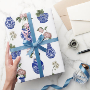 Papel De Regalo Flores y jarrones azules de chinoiserie