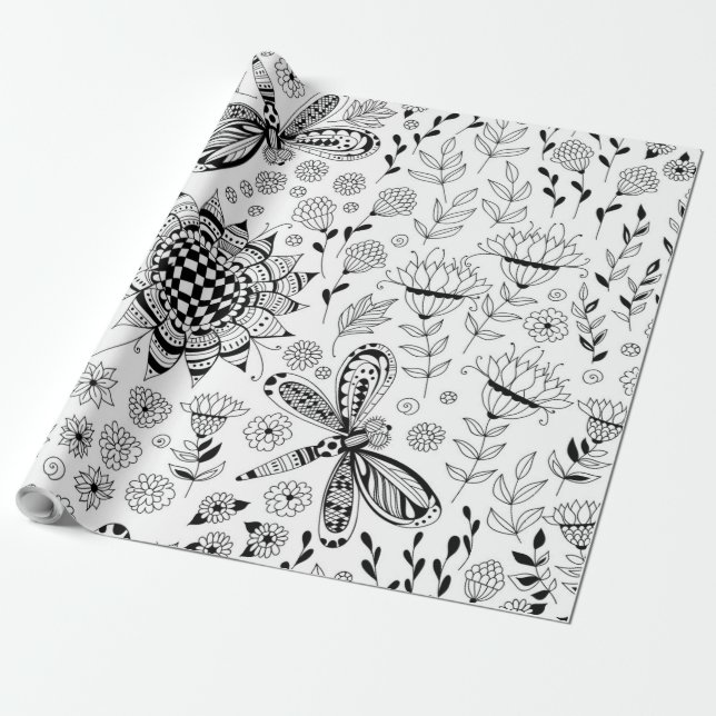 Papel De Regalo Flores y libélulas (Desenrollado)