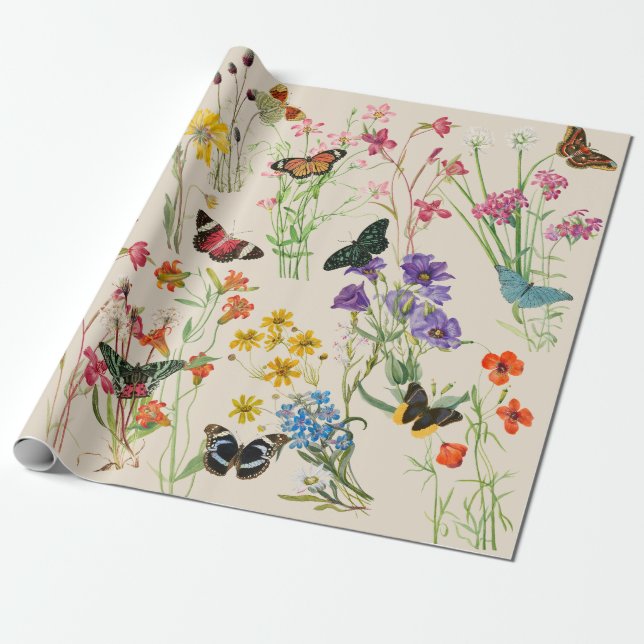 Papel De Regalo Flores y mariposas acuáticas Jardín floral (Desenrollado)