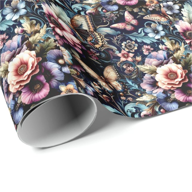Papel De Regalo Flores y mariposas antiguas de primavera (Esquina del rollo)