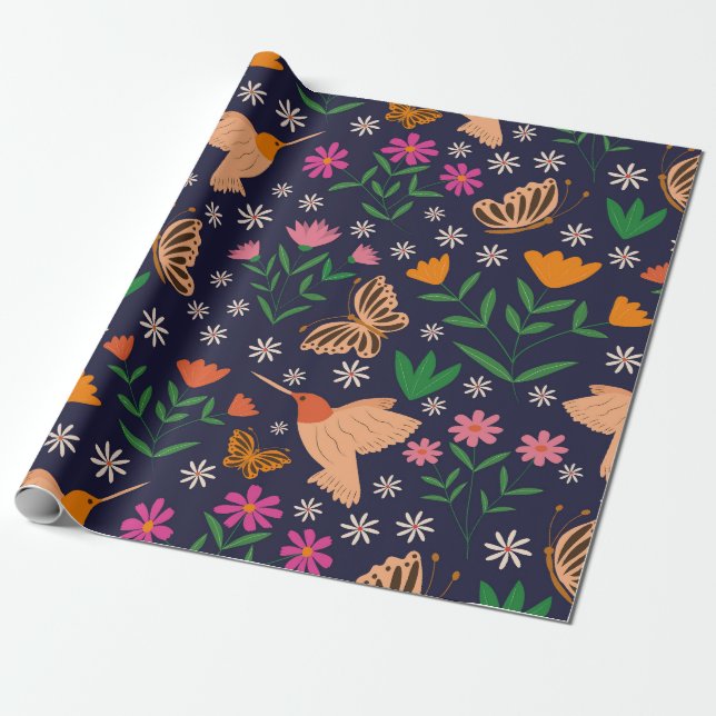 Papel De Regalo Flores y mariposas con colibríes (Desenrollado)
