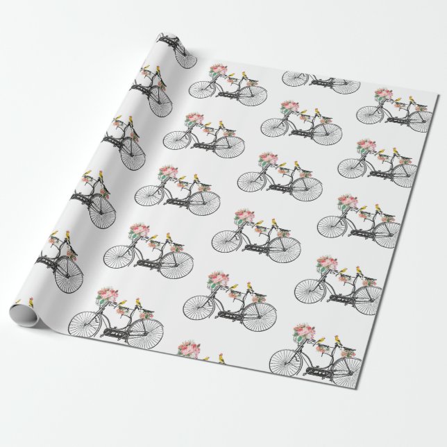Papel De Regalo Flores y pájaros de bicis románticas (Desenrollado)