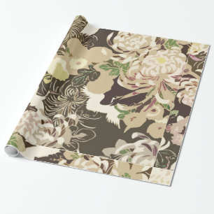 Papel De Regalo Flores y pájaros marrones y beige vintage