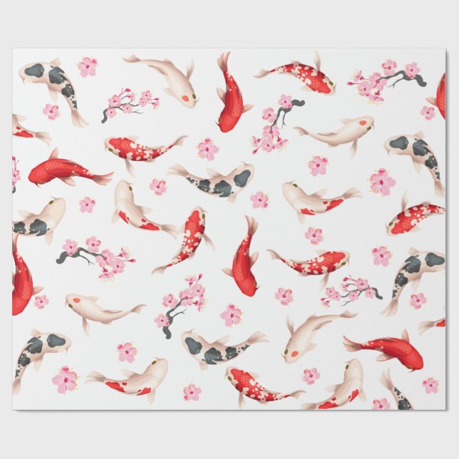 Papel De Regalo FLORES Y PECES DE KOI japoneses blancos y rojos (Superficie plana)