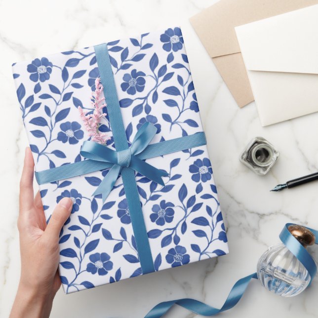 Papel De Regalo Flores Y Vinos Azules (Regalar)