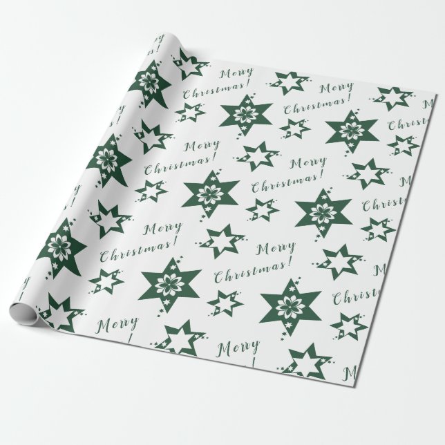 Papel De Regalo 🌟 Florisco Verde Starry Feliz Navidad Blanco (Desenrollado)