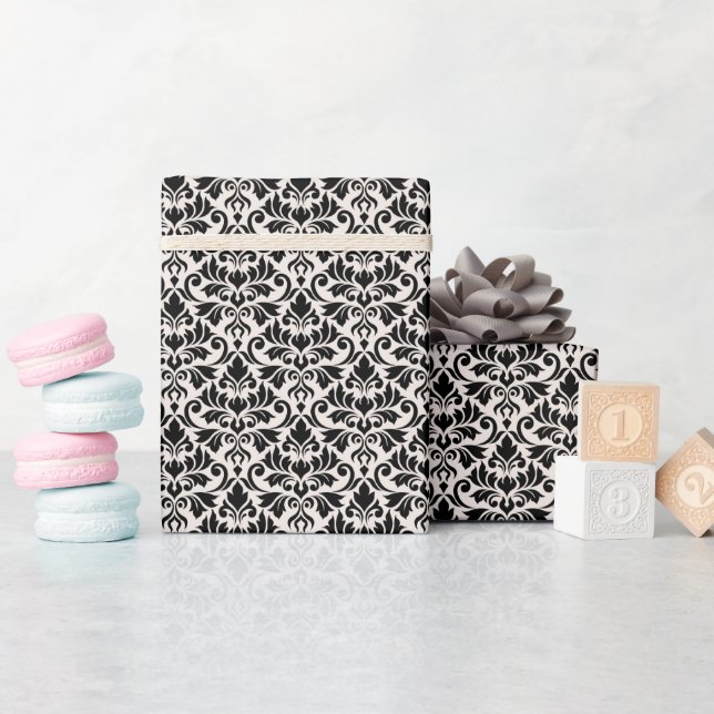 Papel De Regalo Flourish Damask Pattern Black on Cream (Baby Shower)