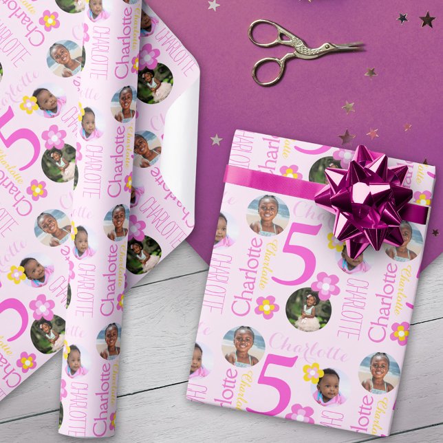 Papel De Regalo Flower custom name photos age 5th birthday wrap (Subido por el creador)