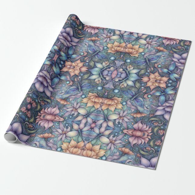 Papel De Regalo FLower Damask Blue Gold (Desenrollado)