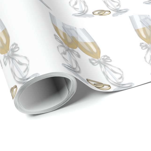 Papel De Regalo Fluidos de champán con anillos de boda (Esquina del rollo)