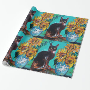PAPEL DE REGALO FLUJOS CON GATO NEGRO EN TURQUÍA AZUL