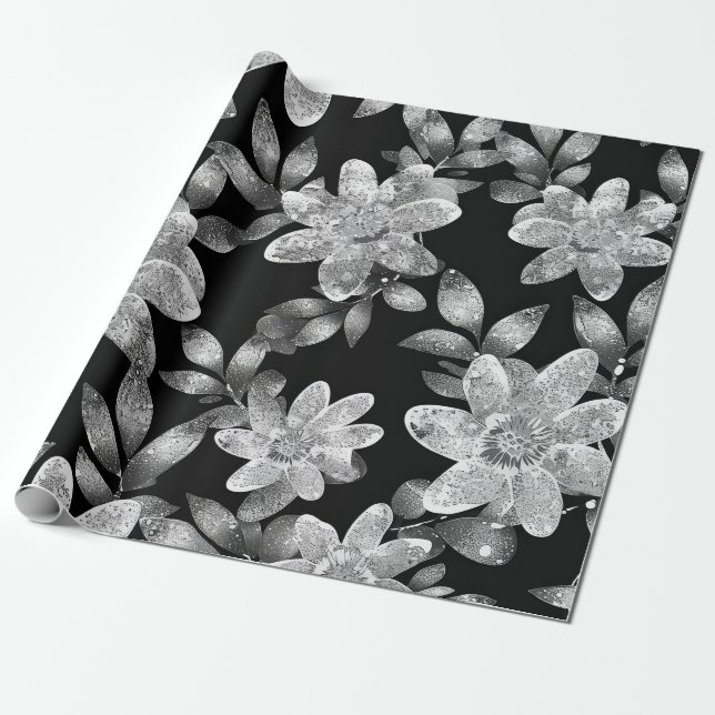 Papel De Regalo Flujos FLowered en blanco y negro (Desenrollado)