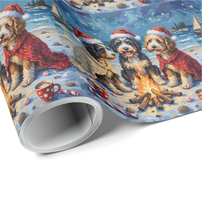 Papel De Regalo Fogueata de Navidad de Bernedoodle en la Playa (Esquina del rollo)