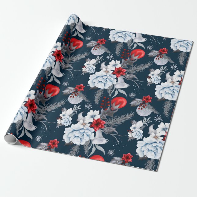 Papel De Regalo Foliación gris de plata roja azul medianoche (Desenrollado)
