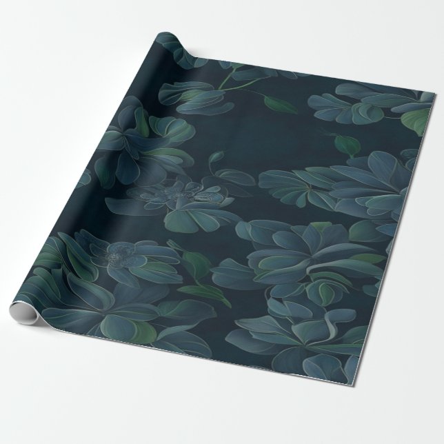 Papel De Regalo Foliage encantado: Hojas verdes sobre azul oscuro  (Desenrollado)