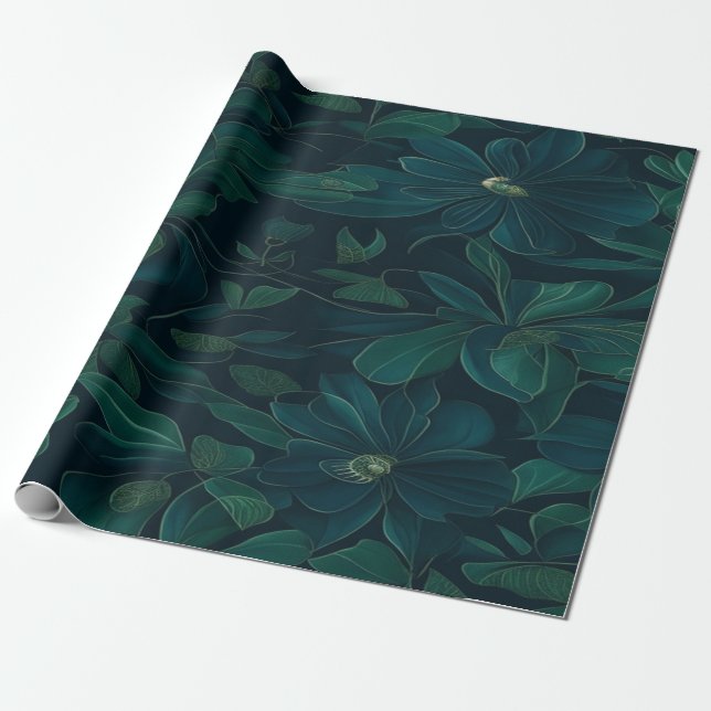 Papel De Regalo Foliage encantado: hojas verdes sobre azul oscuro (Desenrollado)