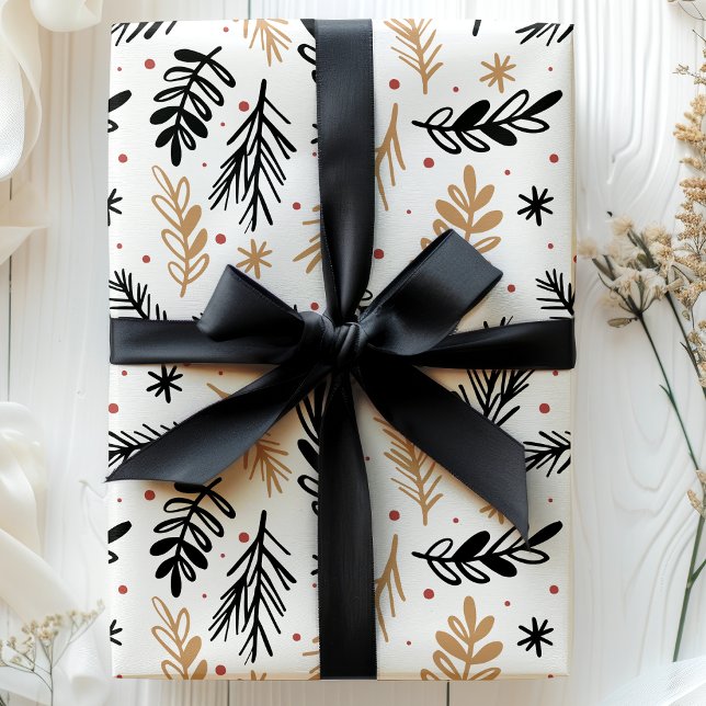 Papel De Regalo Foliage moderno de Navidades negros y de oro (Subido por el creador)