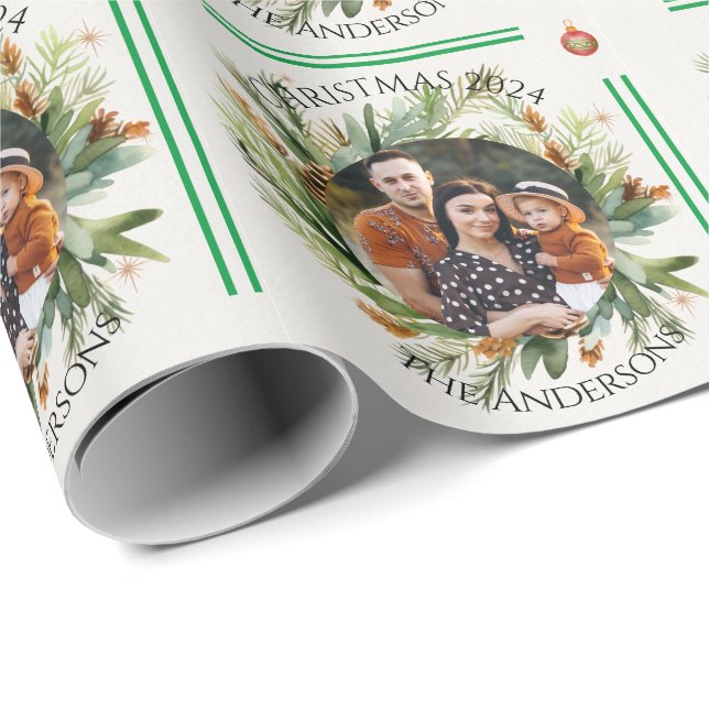 Papel De Regalo Foliage verde deja foto de familia Feliz Navidad (Esquina del rollo)