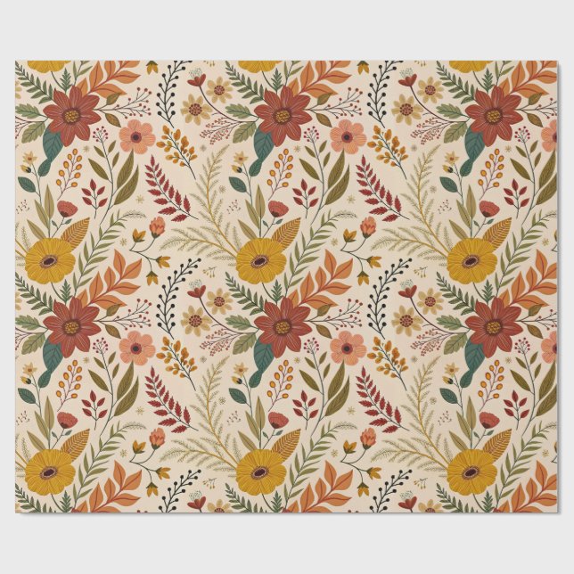 Papel De Regalo Folk-Inspired Autumn Wildflower Print (Superficie plana)