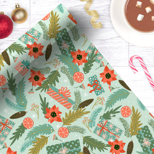 Papel De Regalo Follaje de Navidad Poinsettia Menta Botánico
