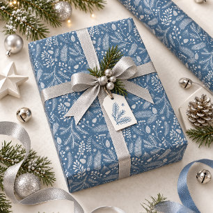 Papel De Regalo Follaje invernal rústico-chic pizarra azul platead