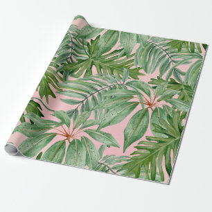 Papel De Regalo Follaje Rosa de Moda Hojas de Jungla Tropical